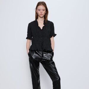 Zara Black Pleated Stretch Button Down Short Sleeve Blouse, NWT, S